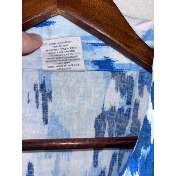 NOTTIBIANCHE Linen Shirt Dress Caftan Midi Maxi Button Lagenlook Blue Ikat 1X - Picture 5 of 9